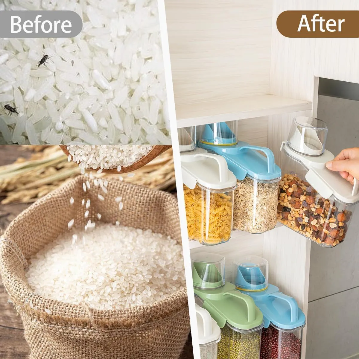 Before and after comparison of a loose rice bag and organized clear dispensers