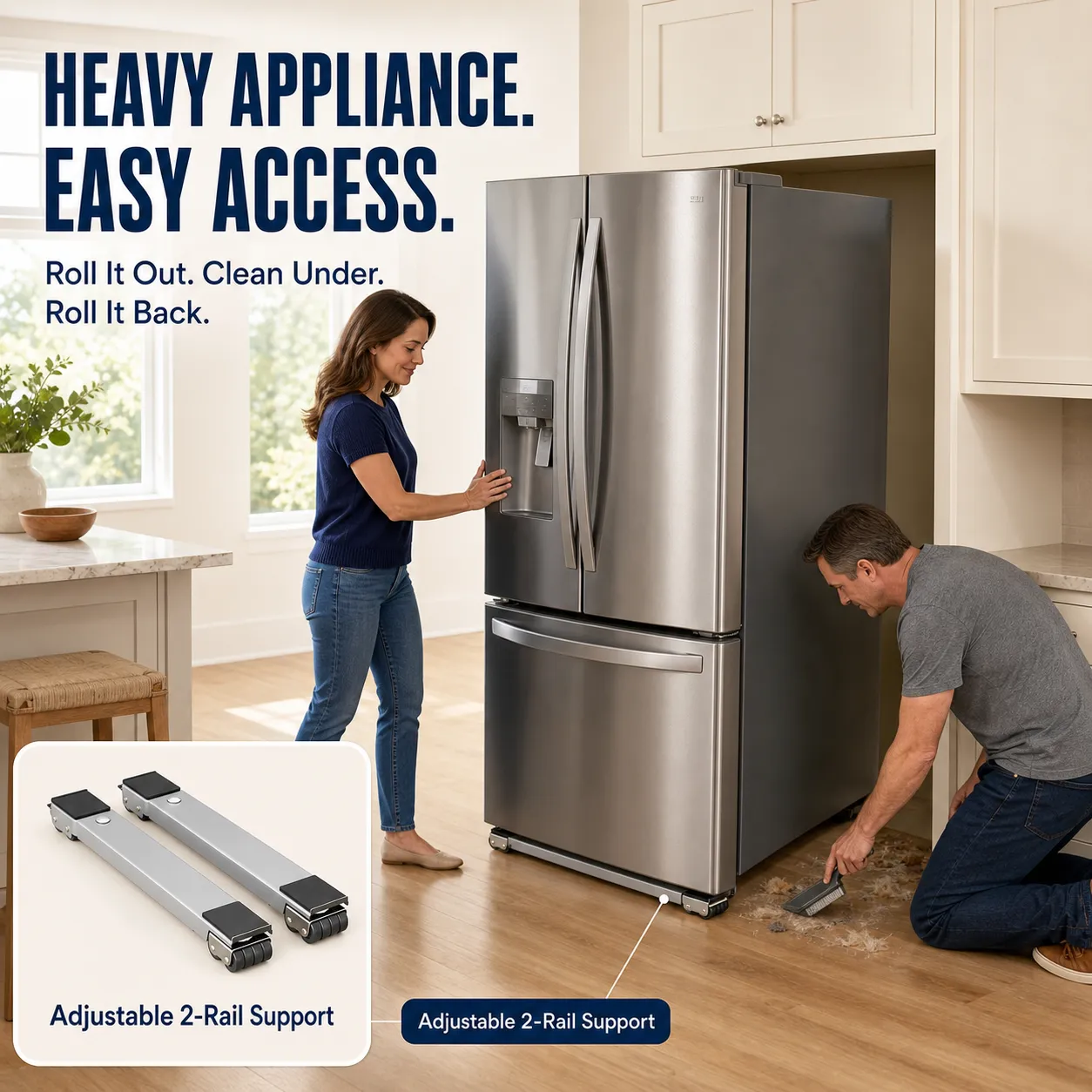 Family easily moving a refrigerator on low-profile rails and cleaning underneath