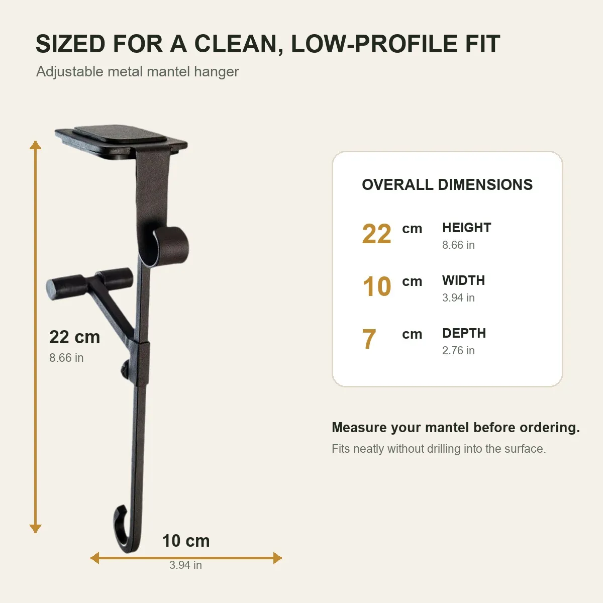 Dimension guide for the adjustable metal mantel hanger