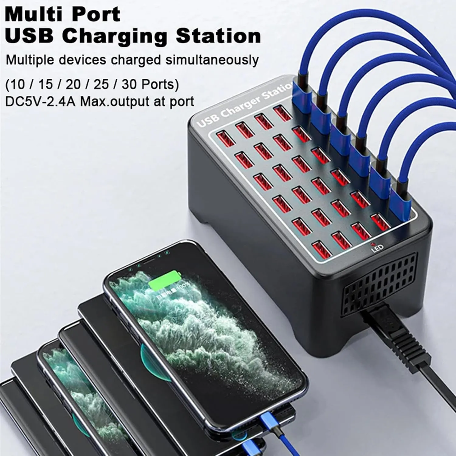 Thirty USB-A ports arranged in five rows of six