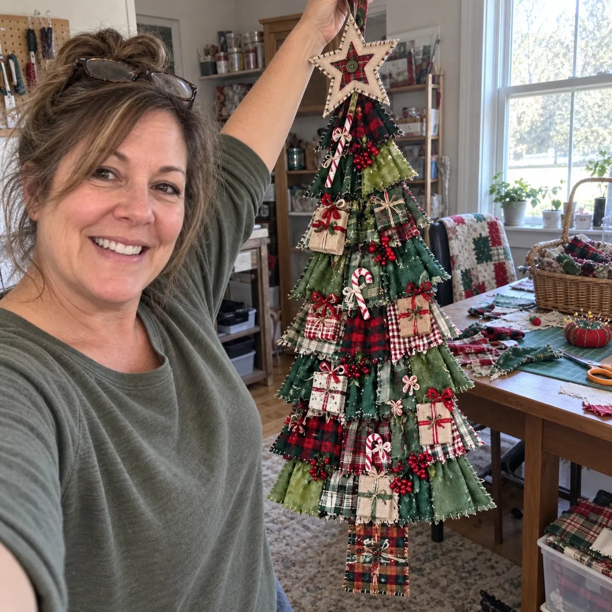 Crafter holding her completed patchwork Christmas tree
