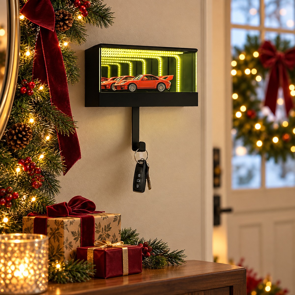 Sort LED-garagenøgleholder ved juleguirlander og indpakkede gaver
