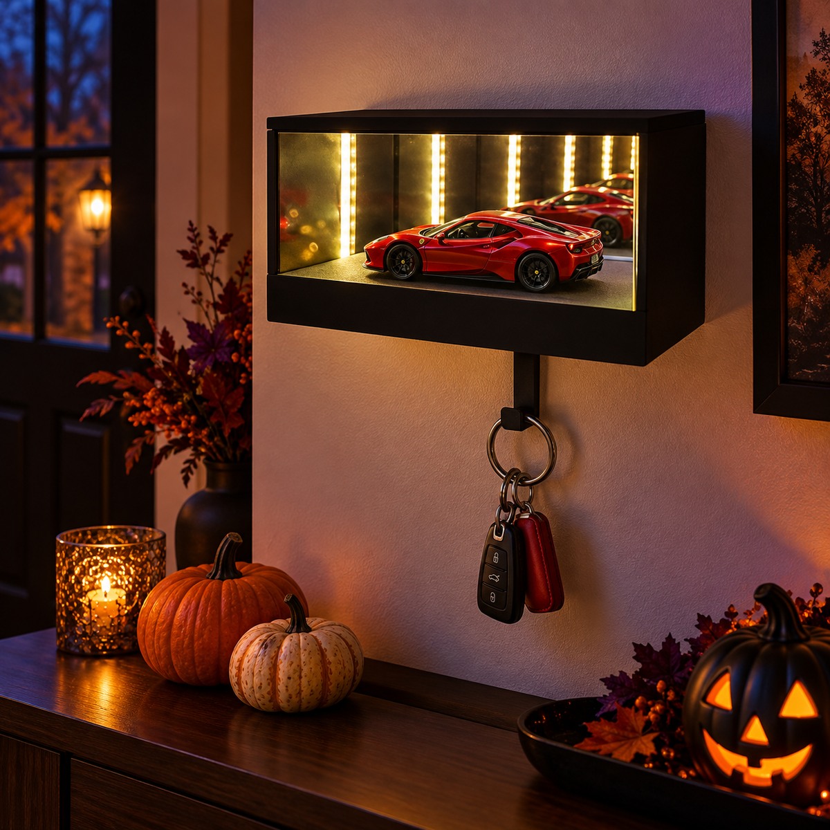 Sort LED-garagenøgleholder ved græskar i en halloweenentré