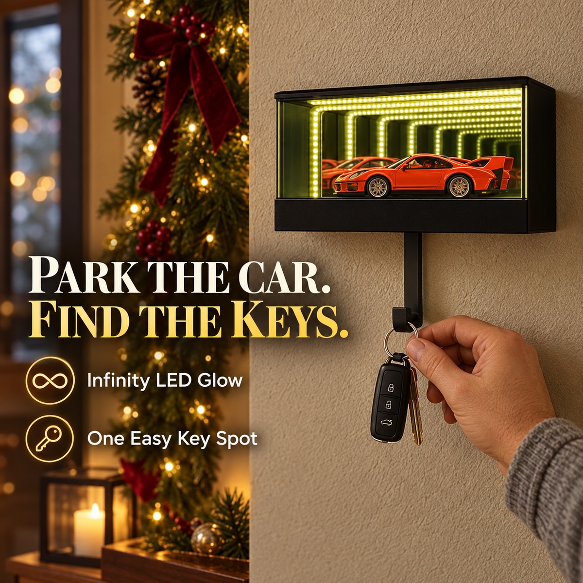 Park the car, find the keys: Christmas LED infinity garage key holder