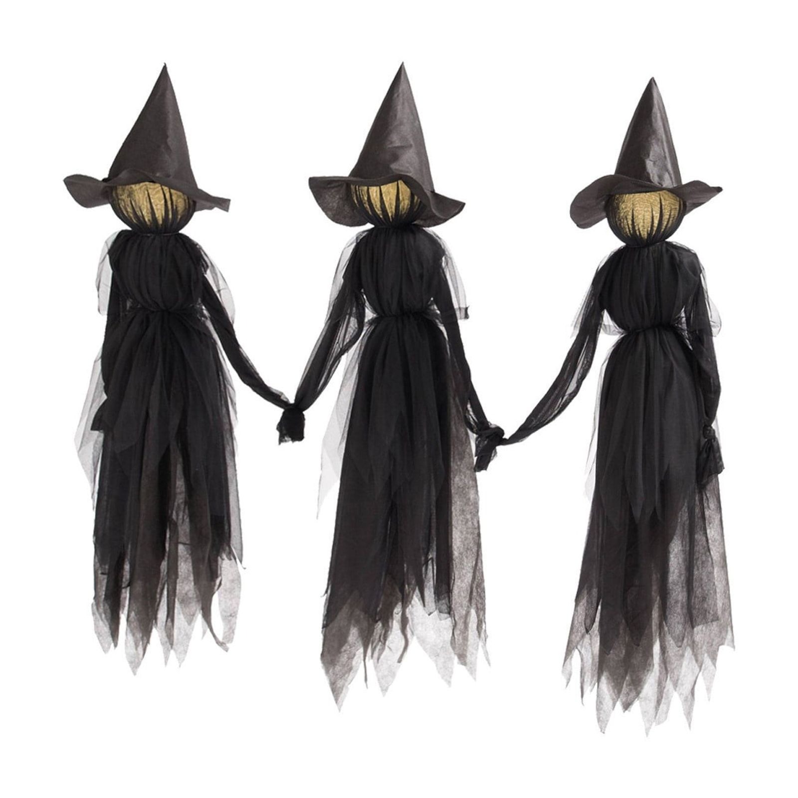 Three hand-holding black light-up Halloween witches on a white background