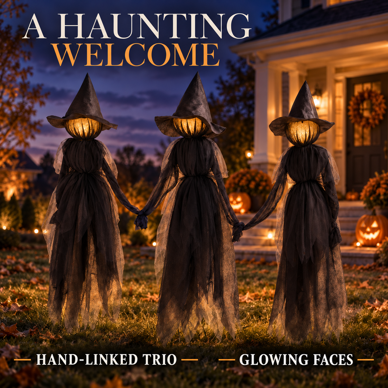 Three hand-linked black Halloween witches with glowing faces on a front lawn at dusk