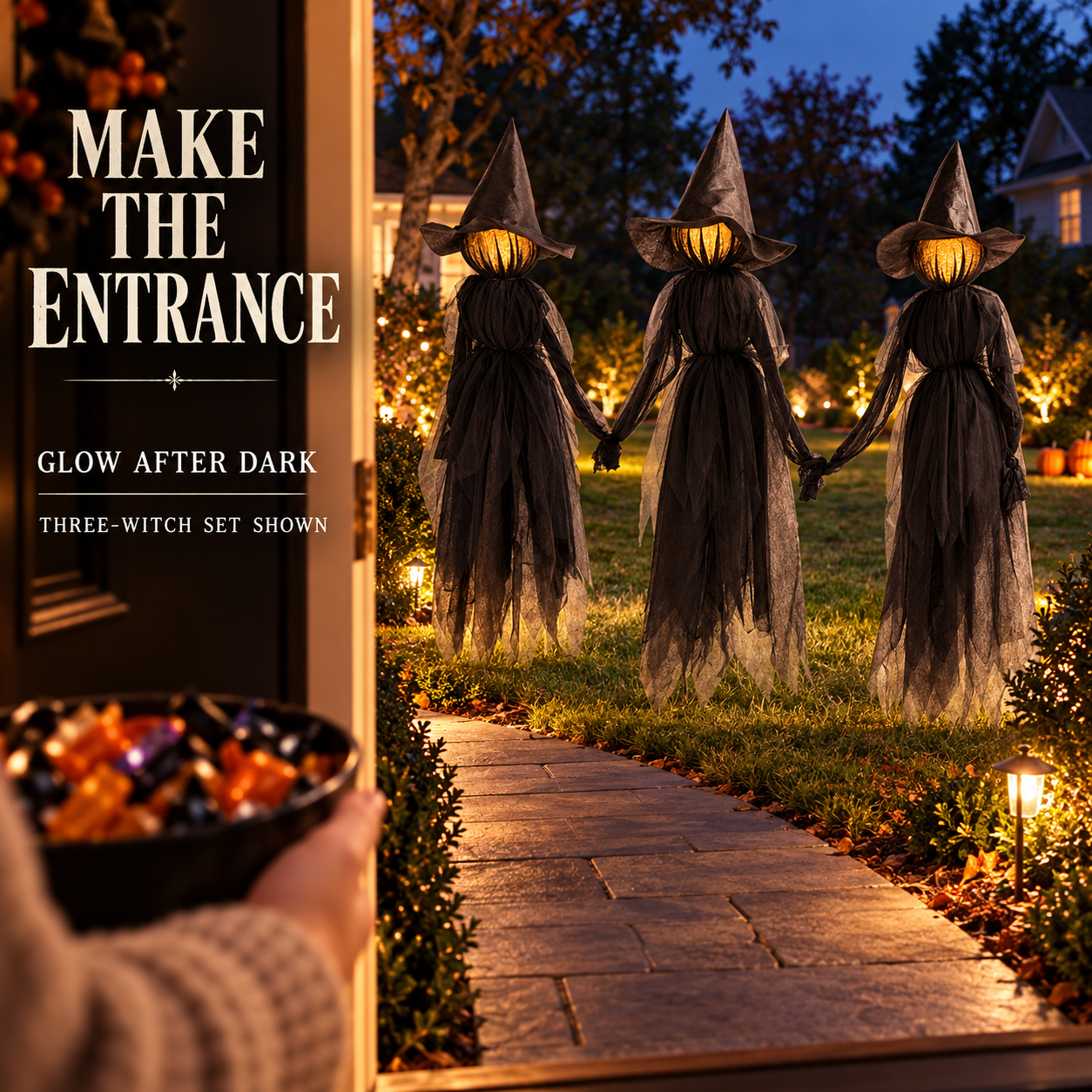 Three-Witch Set shown from a Halloween front doorway with glowing heads after dark