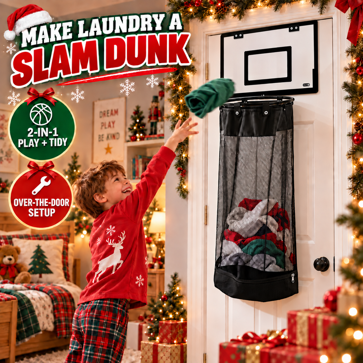 Christmas basketball laundry hamper aligned with the door frame and correct mounting plates