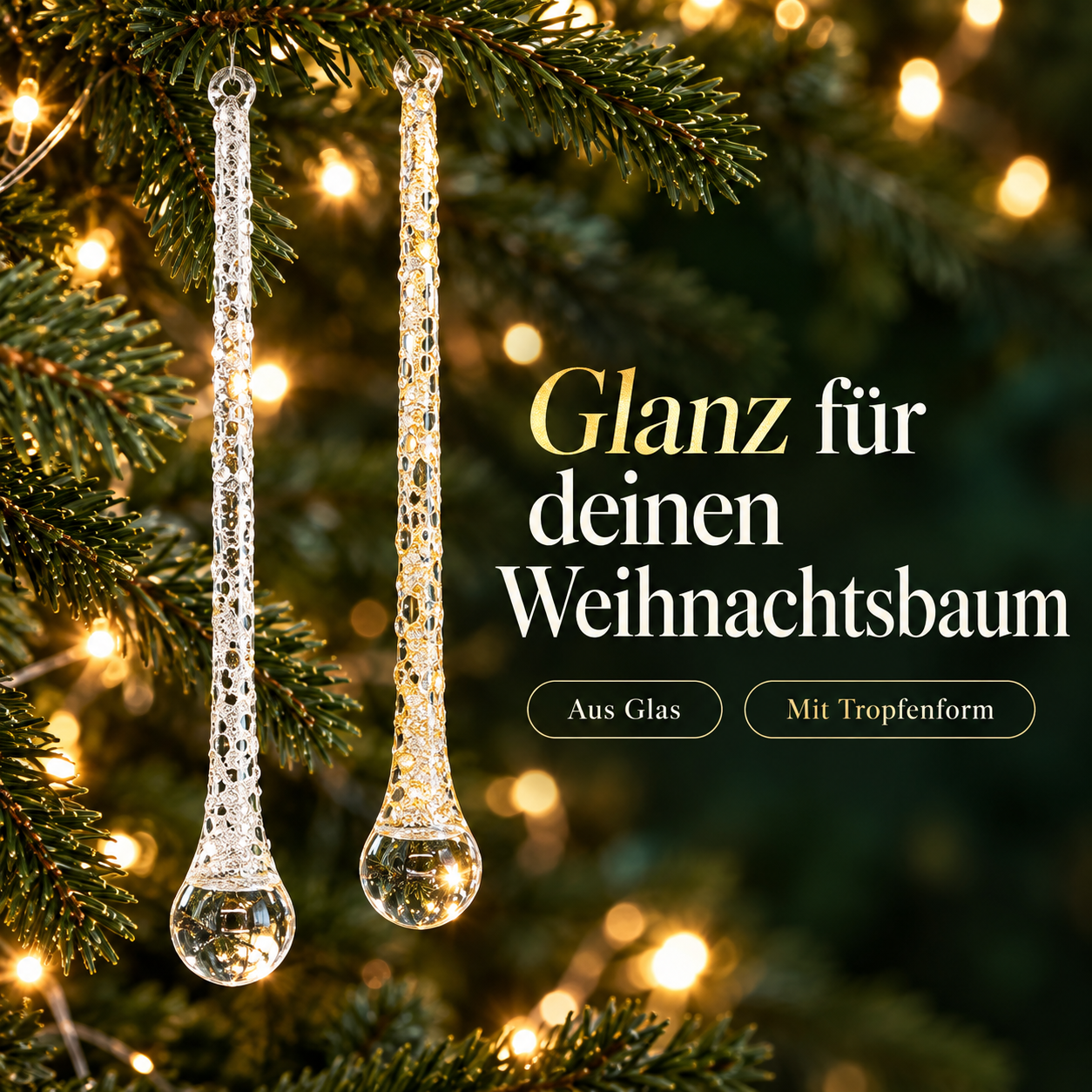 Glas-Eiszapfen mit Tropfenabschluss zwischen Tannenzweigen