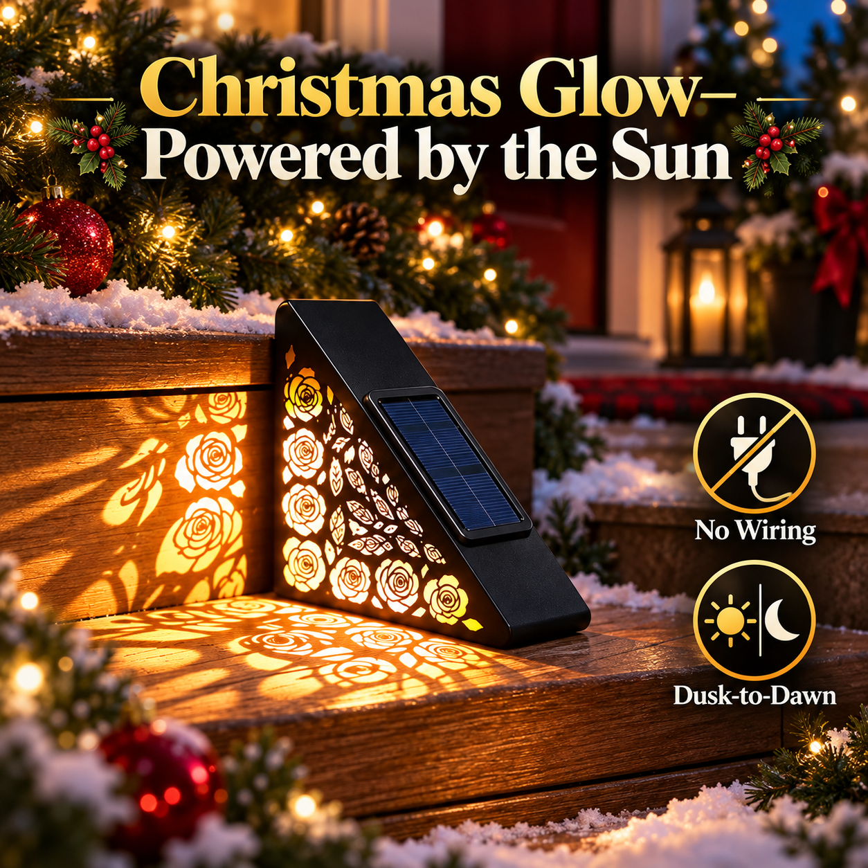 Christmas solar step light on a festive porch