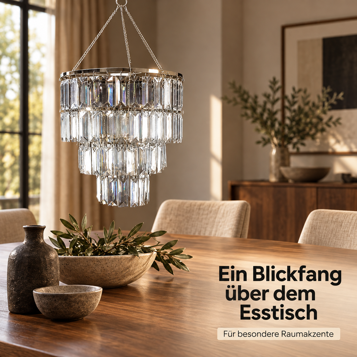Ein chromfarbener Acryl-Kronleuchter als Blickfang über einem Esstisch