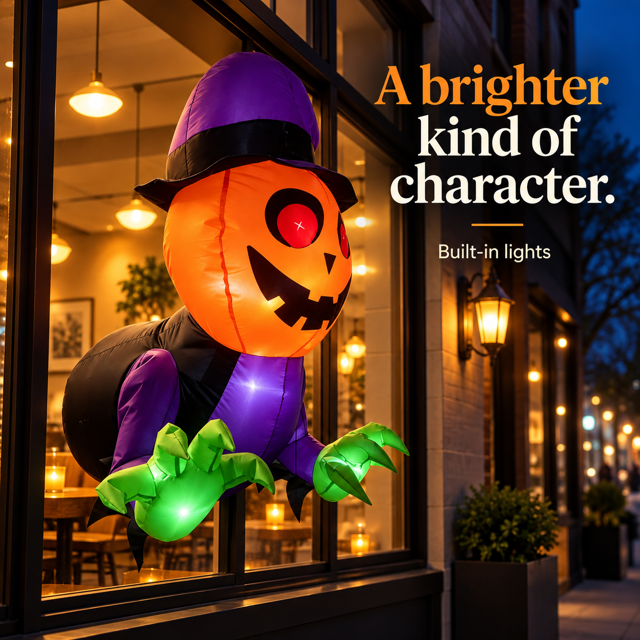 White Ghost inflatable with a skeleton dinosaur design, purple hat, and illuminated skull ball