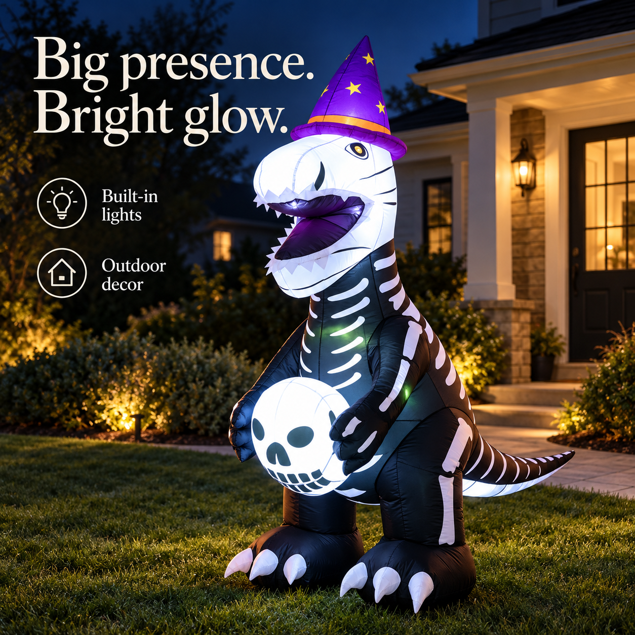 White Ghost inflatable with a skeleton dinosaur design, purple hat, and illuminated skull ball