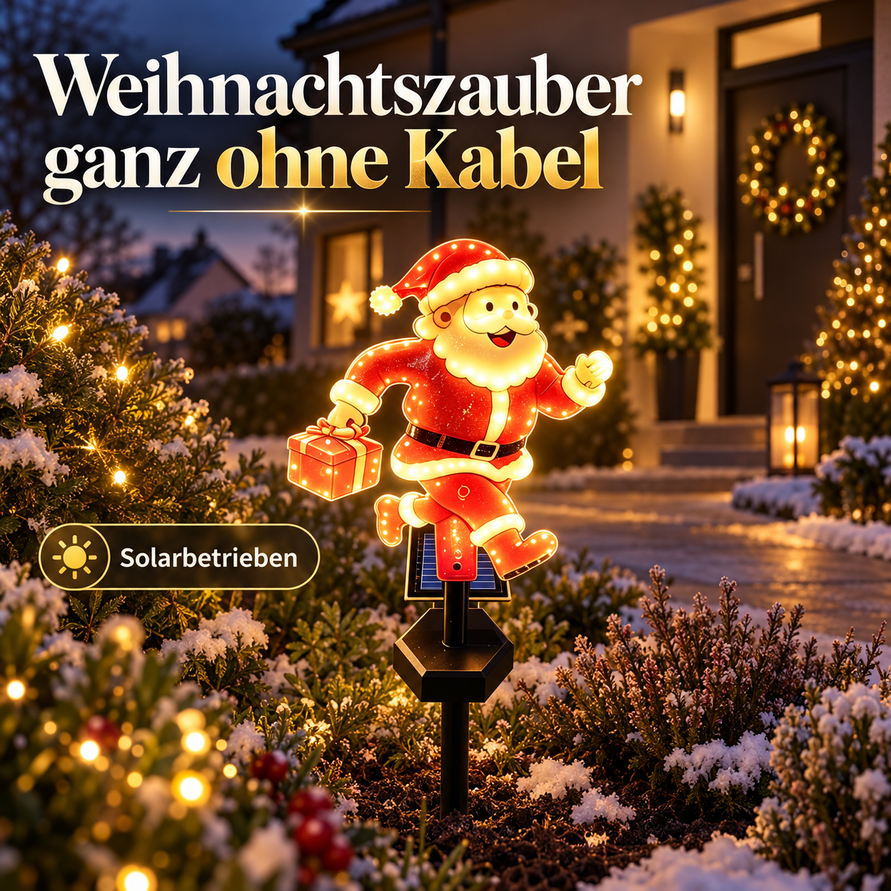 Leuchtender Weihnachtsmann-Gartenstecker in einem deutschen Vorgarten