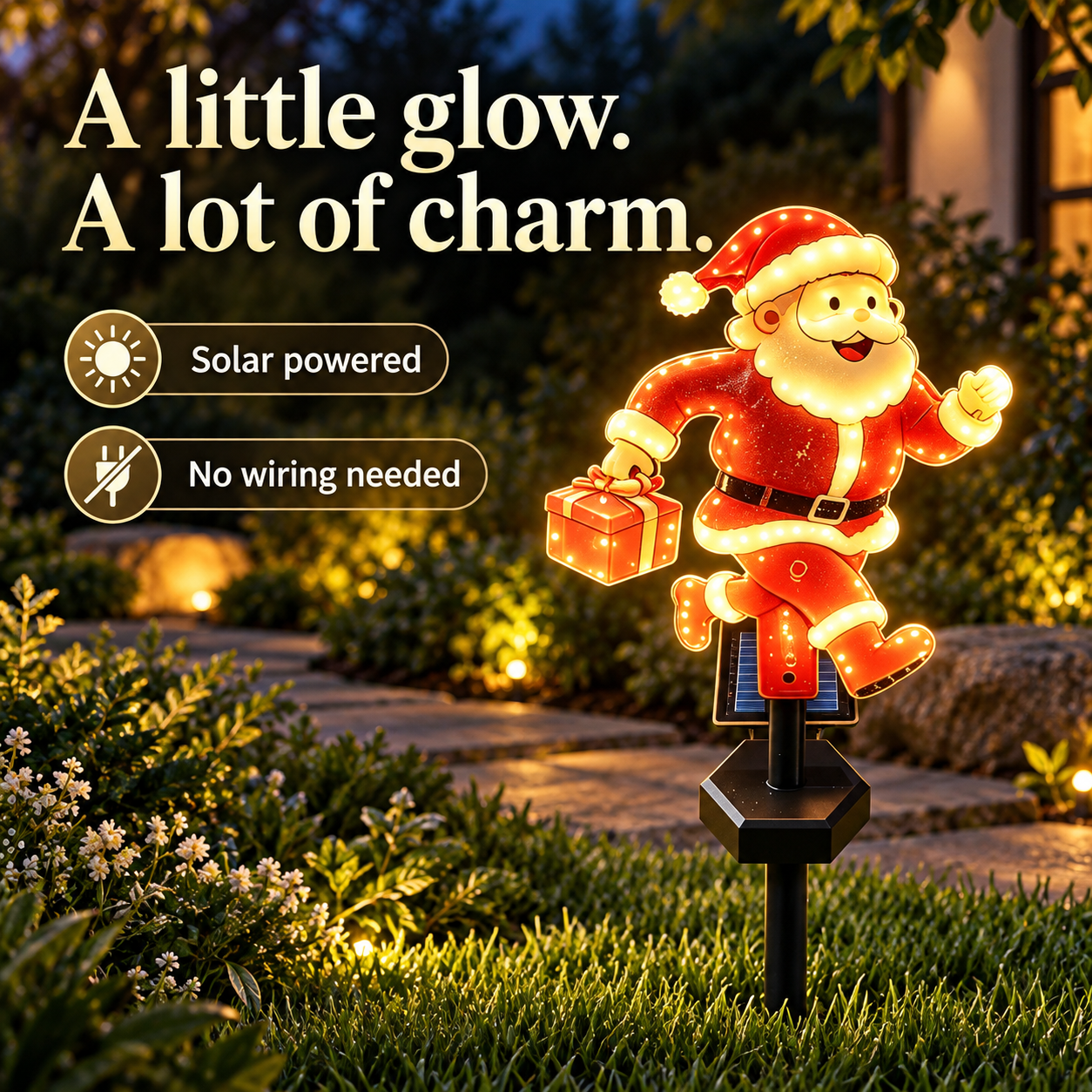 Decorative solar stake light glowing in a landscaped garden