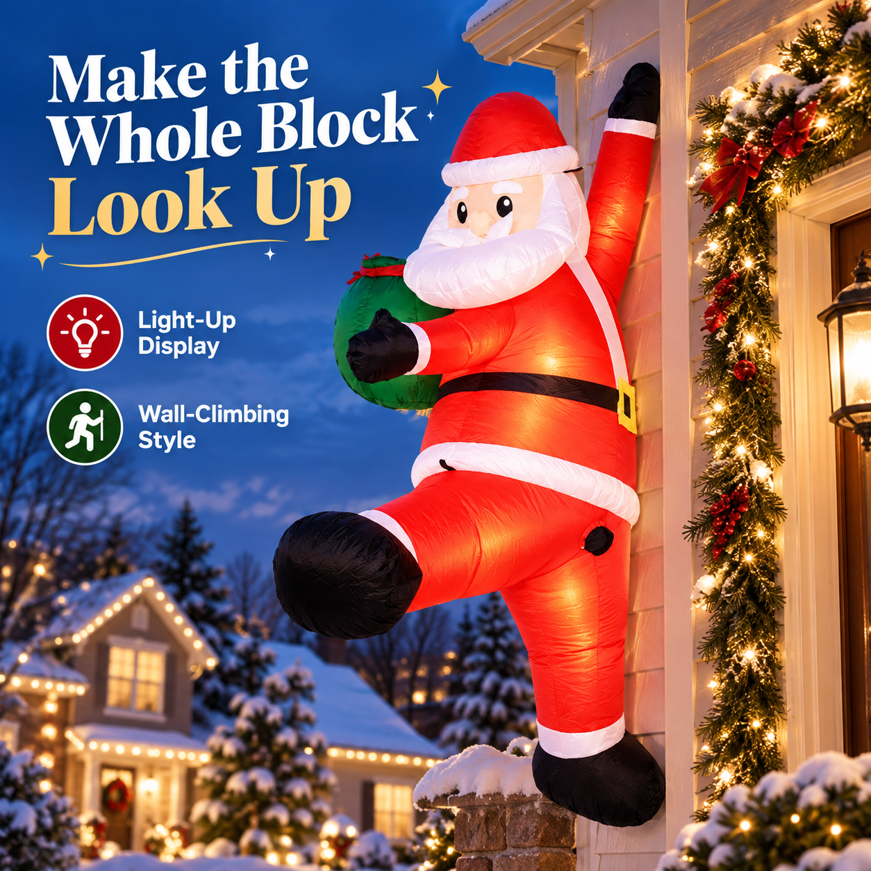 Light-up wall-climbing Santa on a decorated home exterior at night