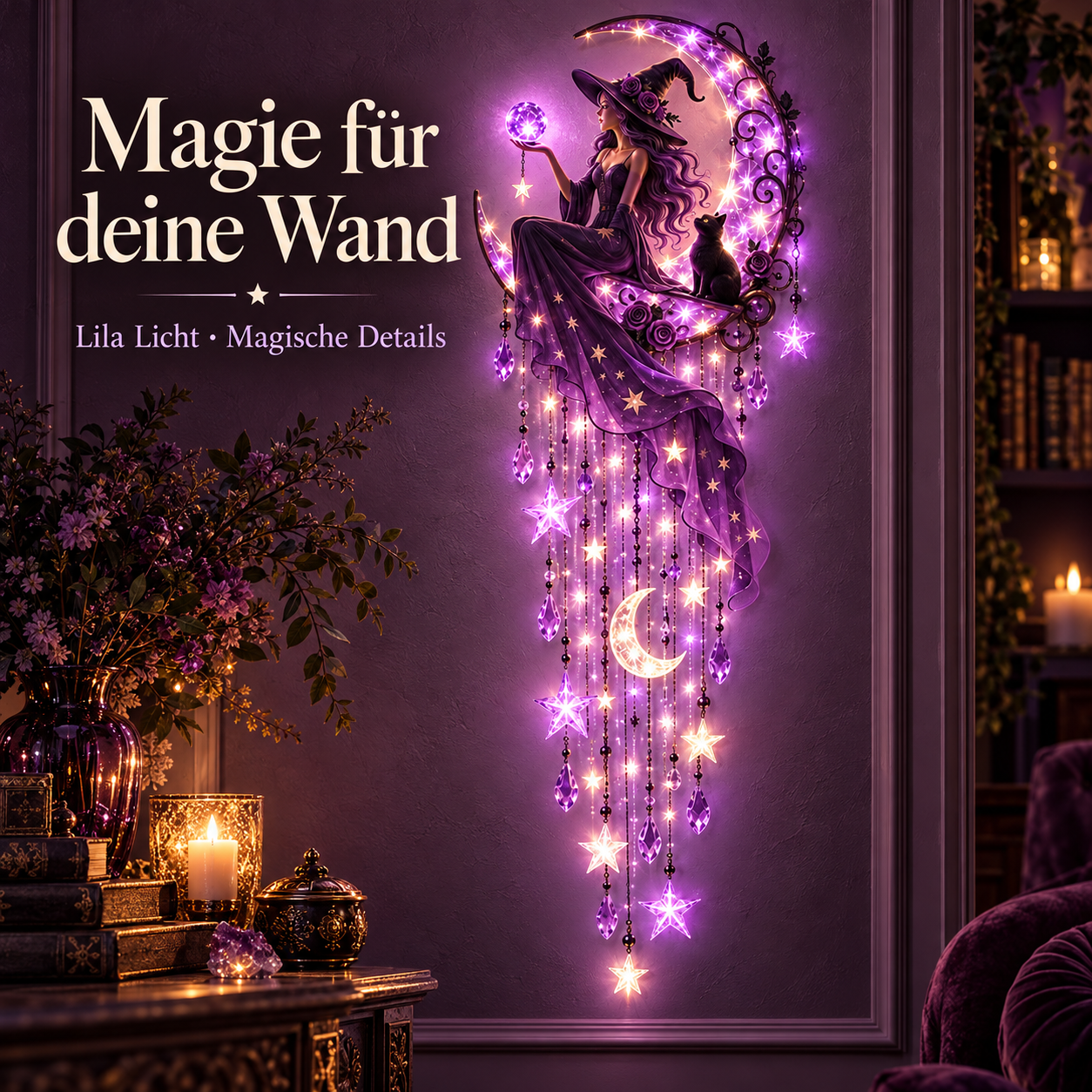 Violette Hexen-Wandleuchte mit Katze, Mondsichel und herabhängenden Sternen