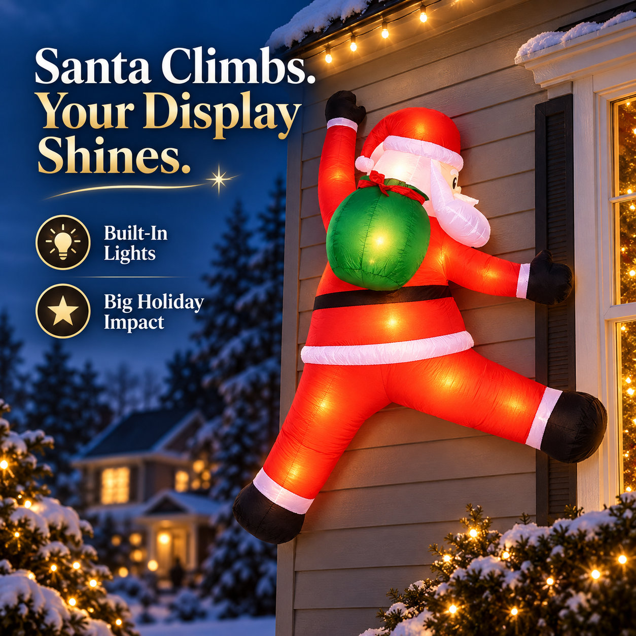 Light-up wall-climbing Santa glowing on a Christmas-decorated home exterior