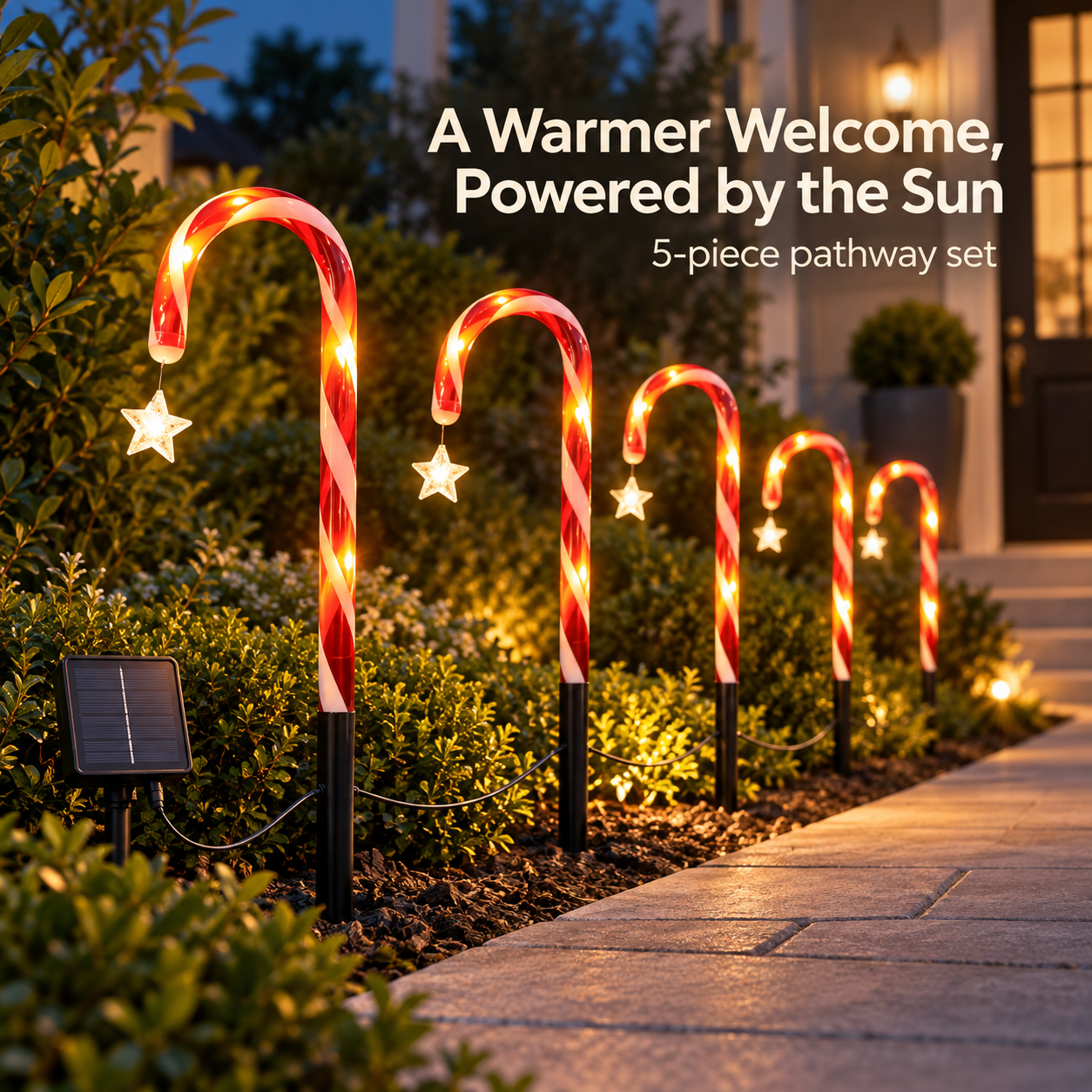 Five solar candy cane pathway lights glowing beside a front walkway
