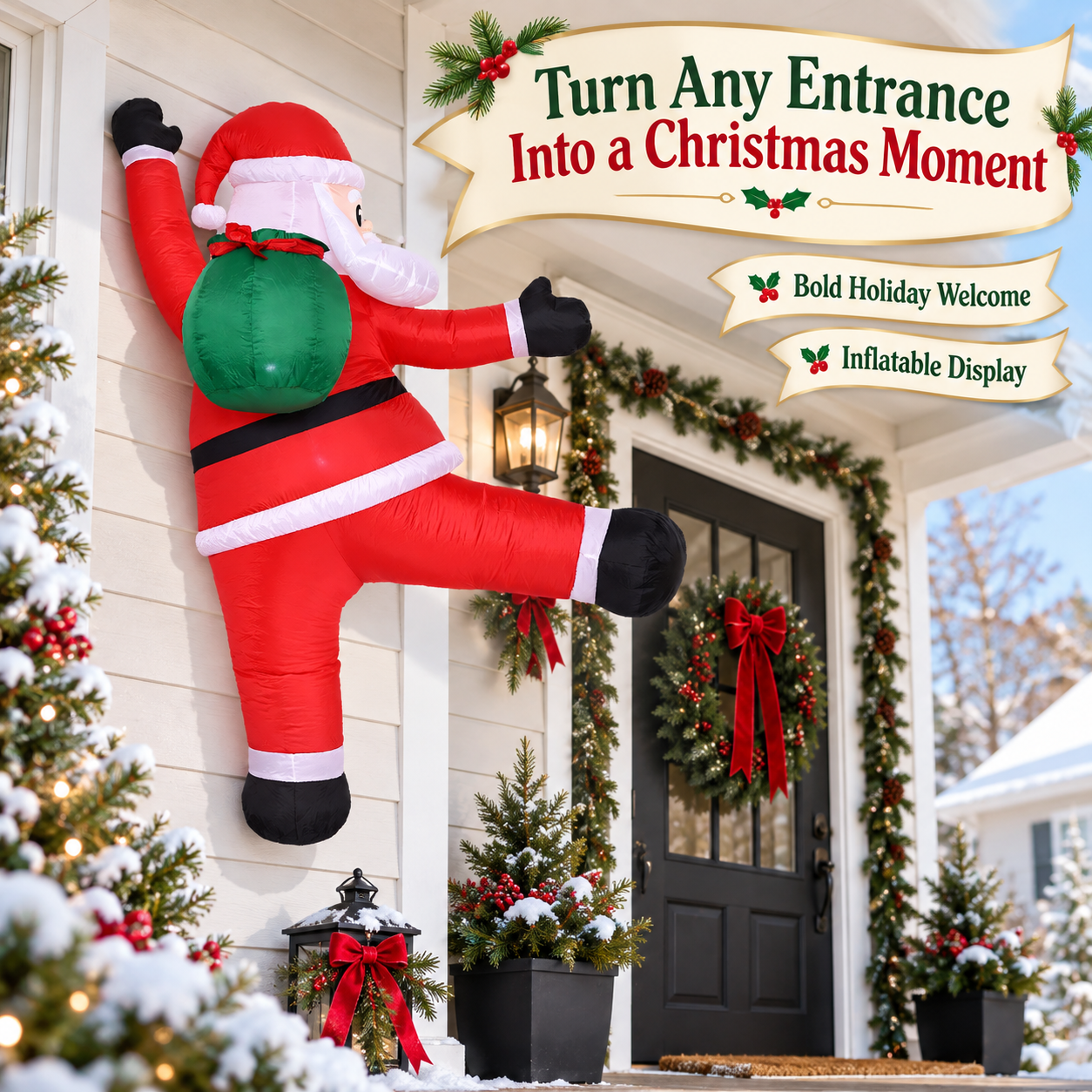Wall-climbing Santa creating a bold Christmas porch entrance