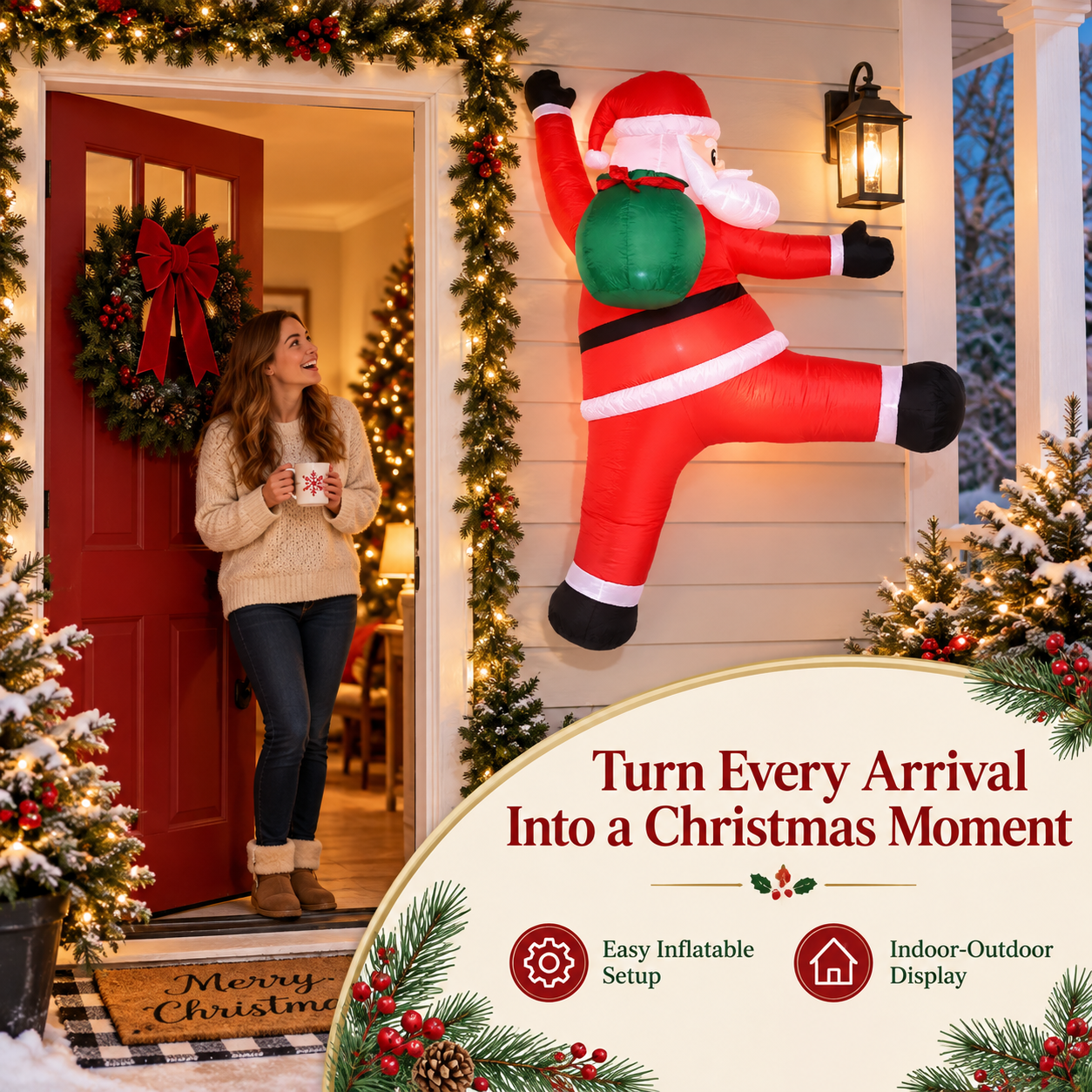 Wall-climbing Santa inflatable beside a welcoming Christmas porch entrance