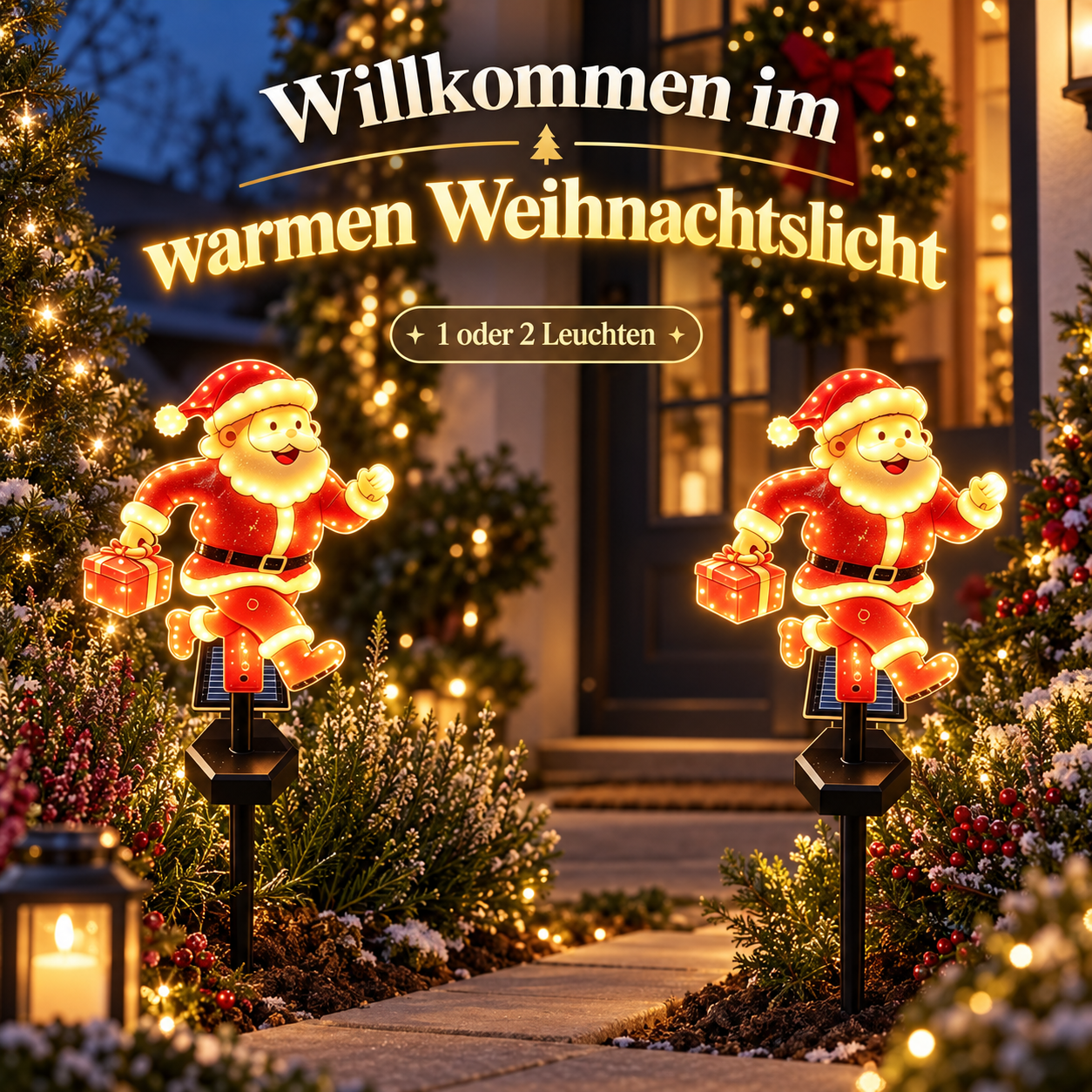 Zwei solarbetriebene Weihnachtsmann-Leuchten am Hauseingang
