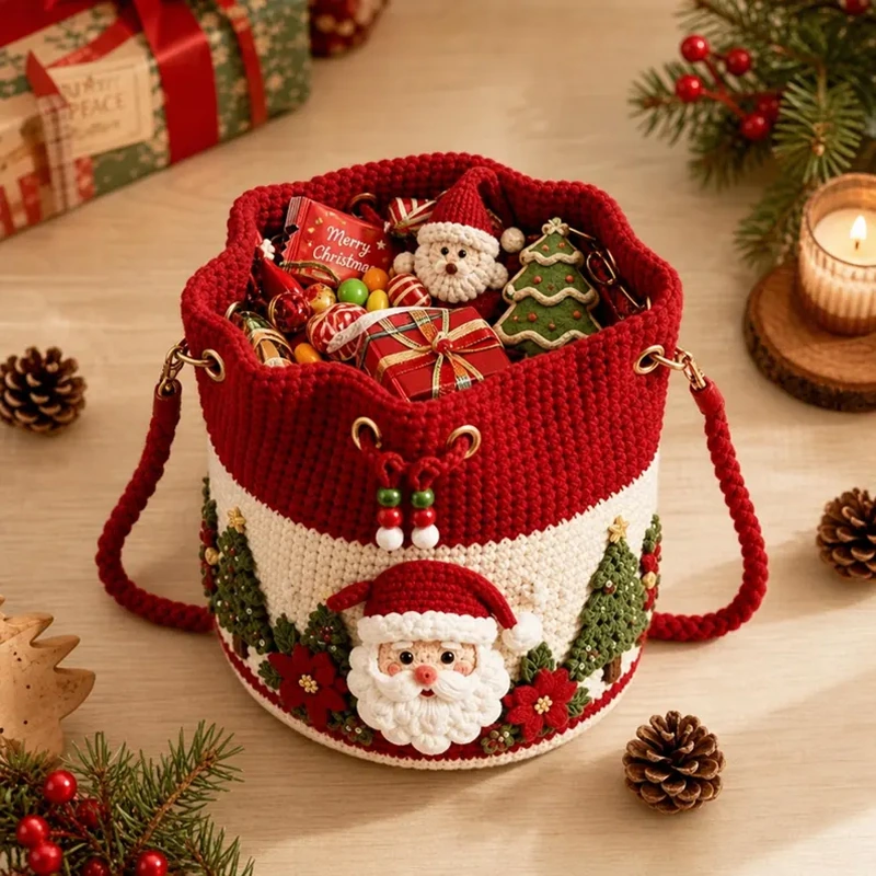 Festive red crochet bucket bag filled with holiday treats