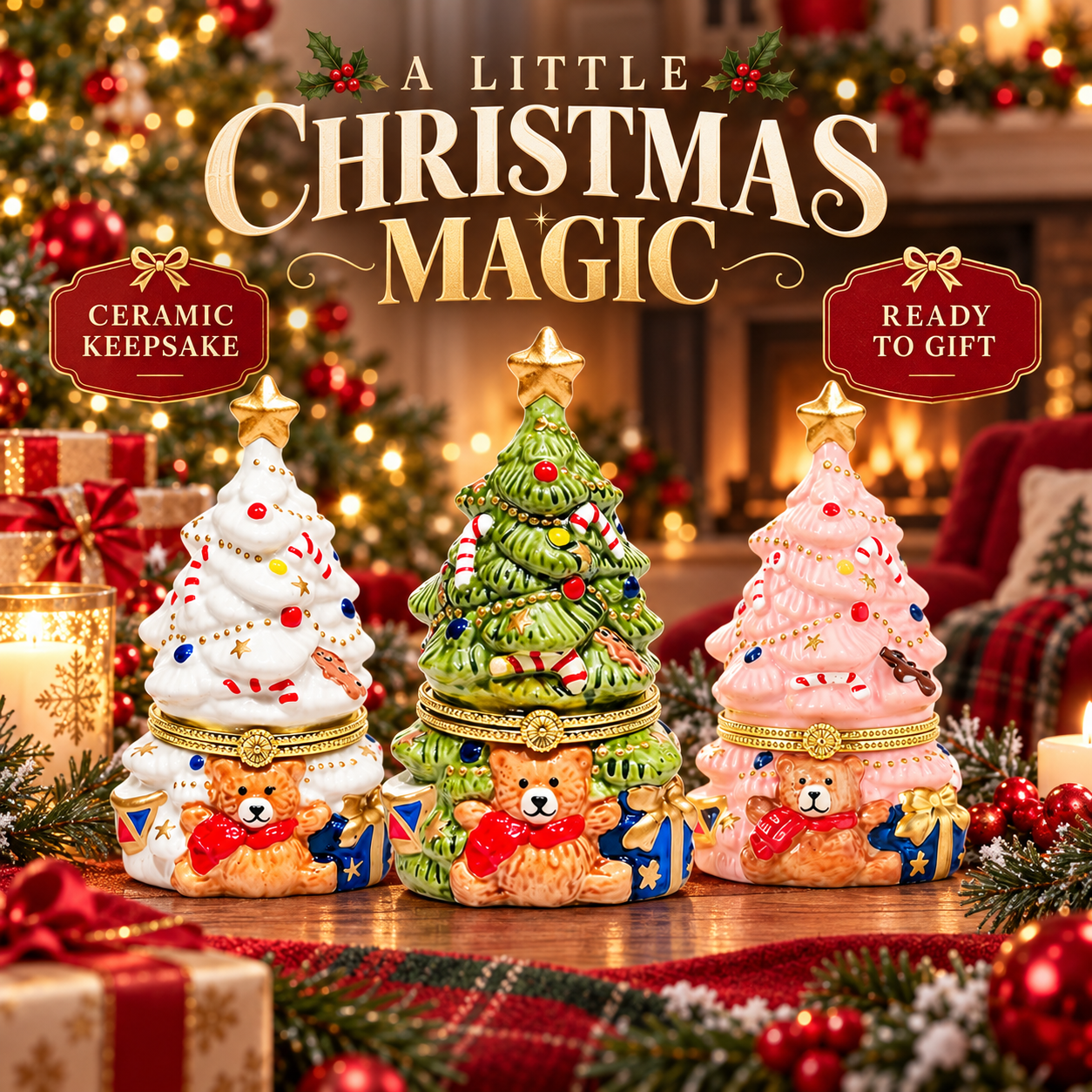 Three-color Christmas tree ceramic candle hero