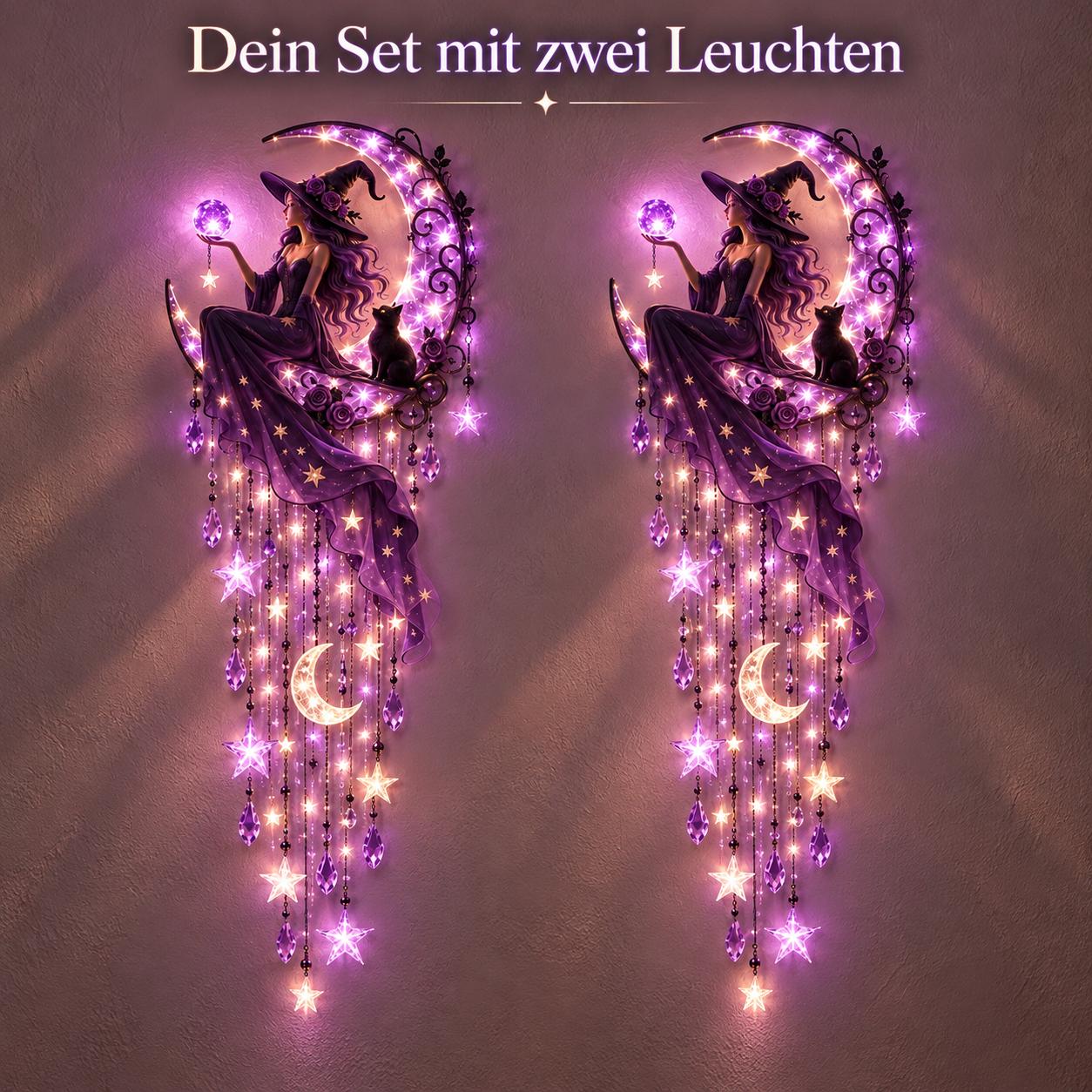 Zwei gleiche Hexen-Wandleuchten als vollständiger Set-Inhalt
