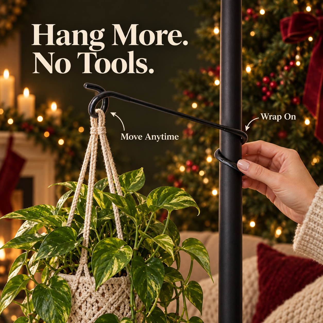Black wrap-on plant stand hook hanging greenery beside Christmas lights
