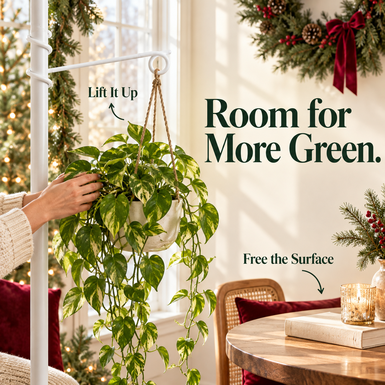 White spiral plant stand hook lifting greenery in a Christmas nook