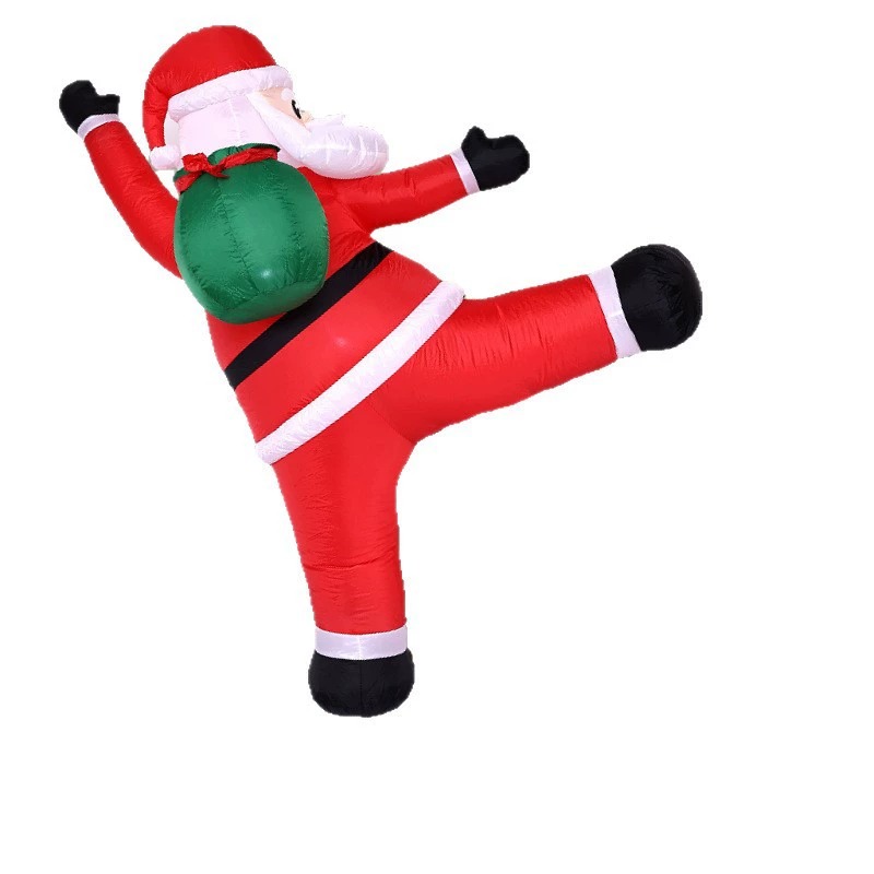 Red wall-climbing Santa inflatable with white trim, black boots and green sack