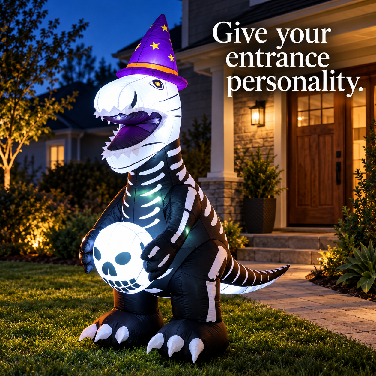 White Ghost inflatable with a skeleton dinosaur design, purple hat, and illuminated skull ball