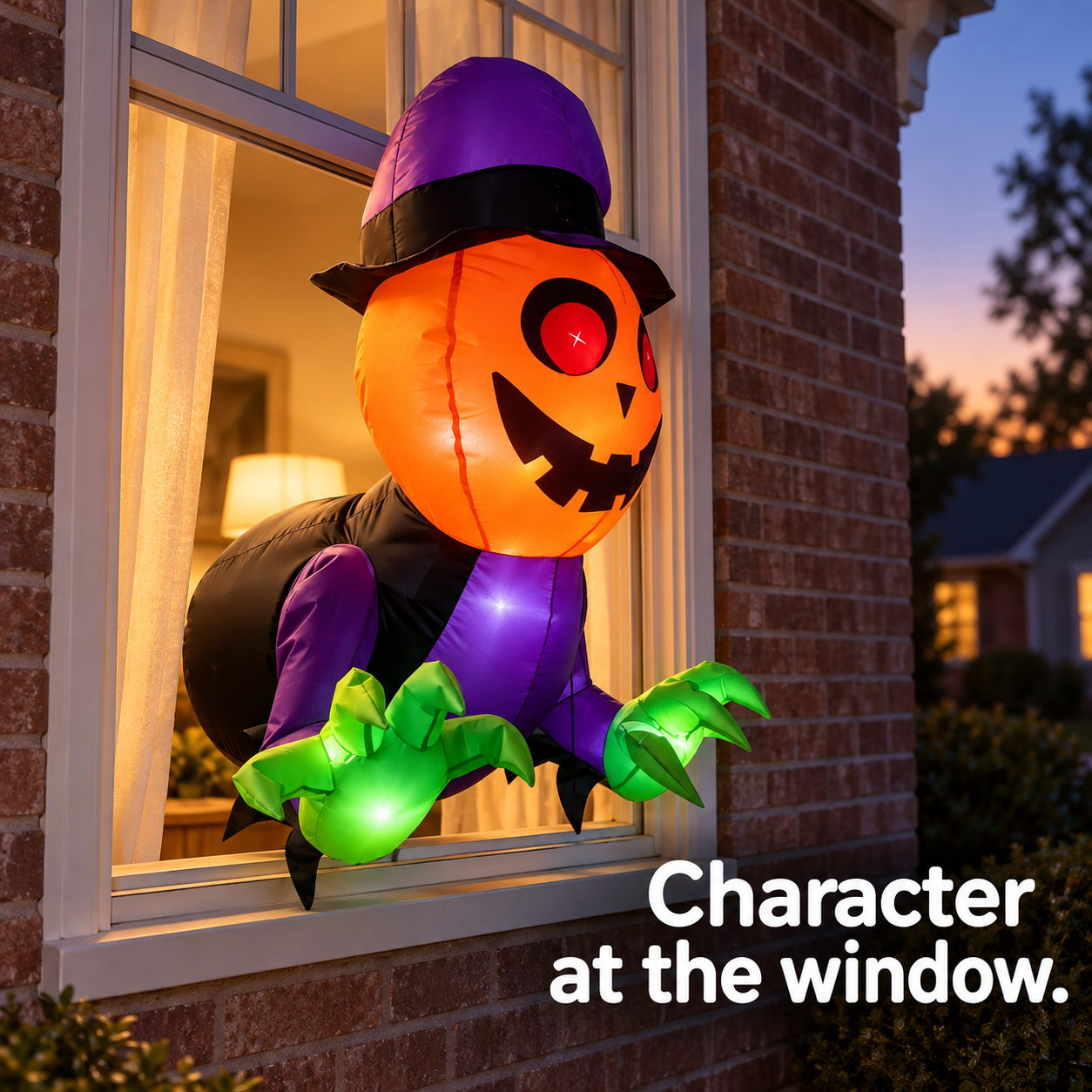 White Ghost inflatable with a skeleton dinosaur design, purple hat, and illuminated skull ball