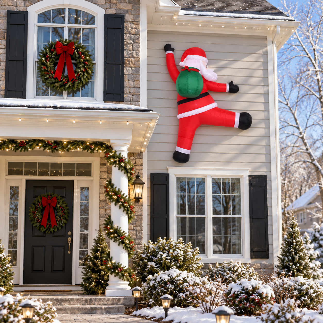 Wall-climbing Santa Christmas display on a two-story home exterior