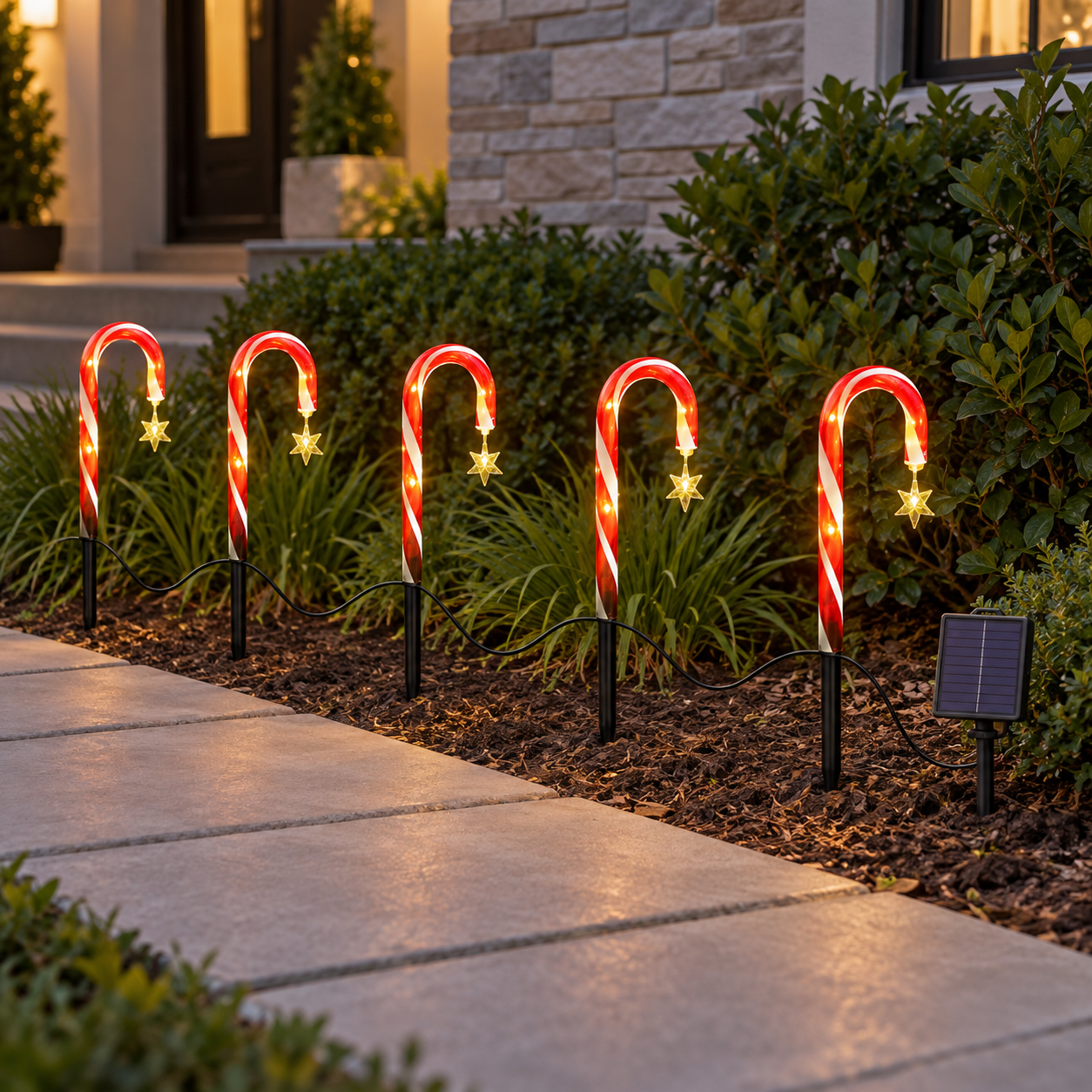 Five solar lights installed along a front walkway