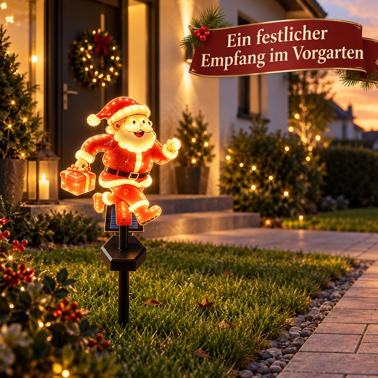 Festlicher Solar-Gartenstecker im Vorgarten