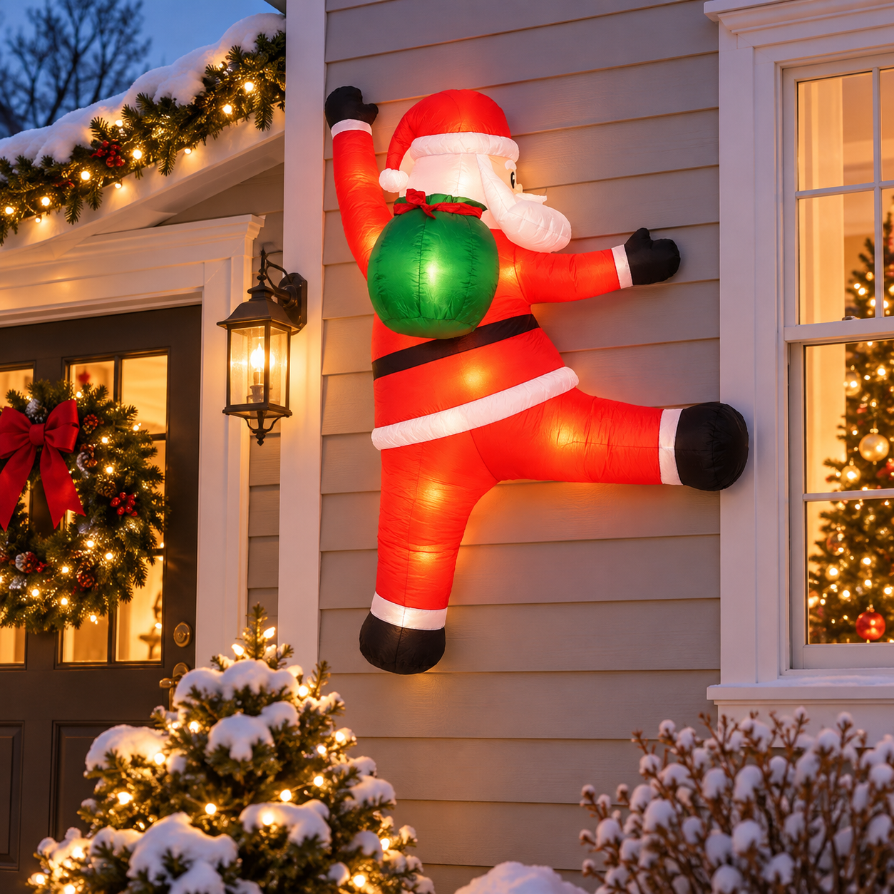 Light-up wall-climbing Santa on a residential exterior