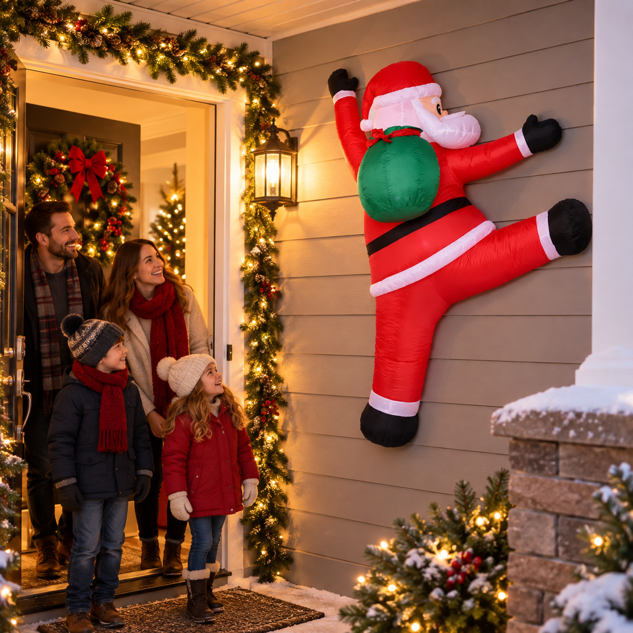Family arriving at a porch decorated with the wall-climbing Santa inflatable