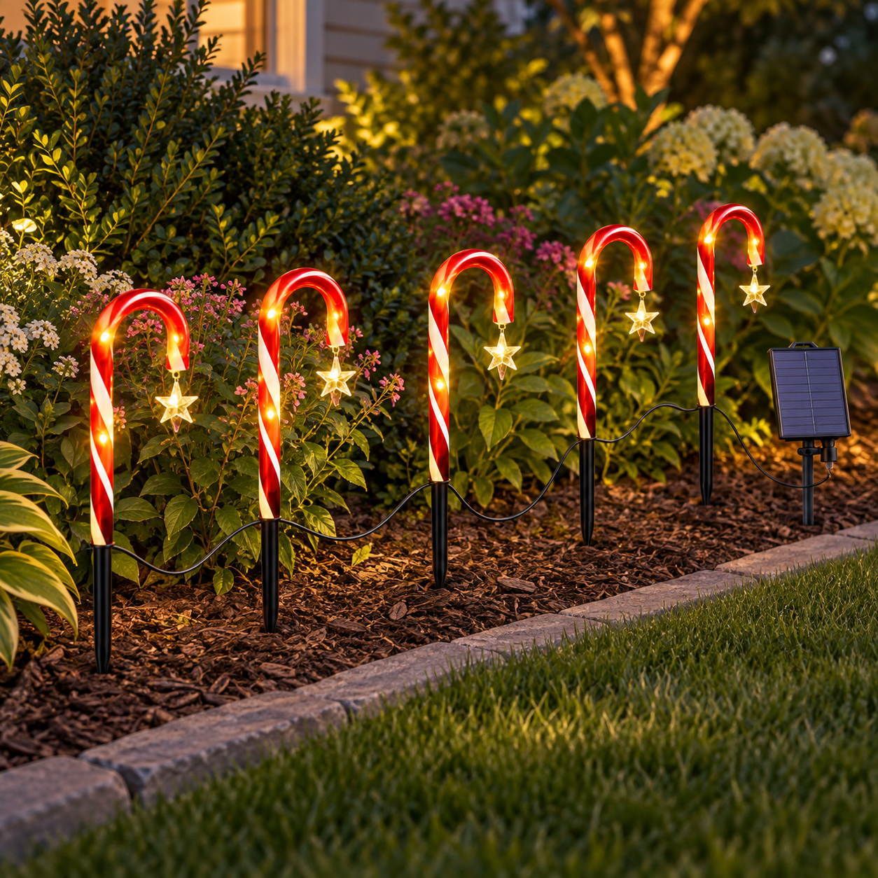 Five solar lights outlining a garden border