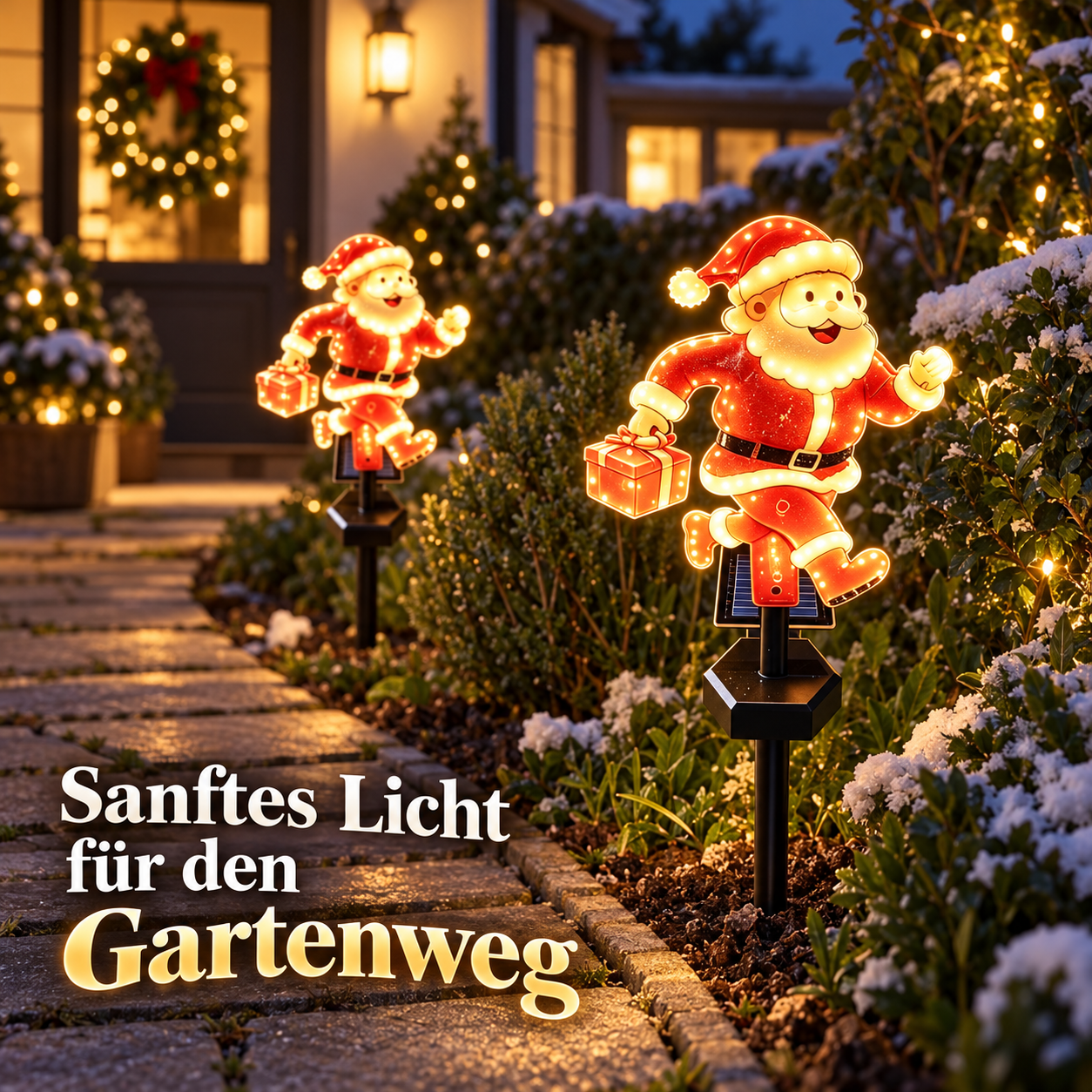 Zwei Weihnachtsleuchten entlang eines Gartenwegs