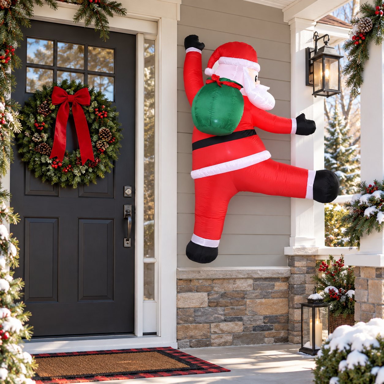 Wall-climbing Santa displayed beside a porch entrance