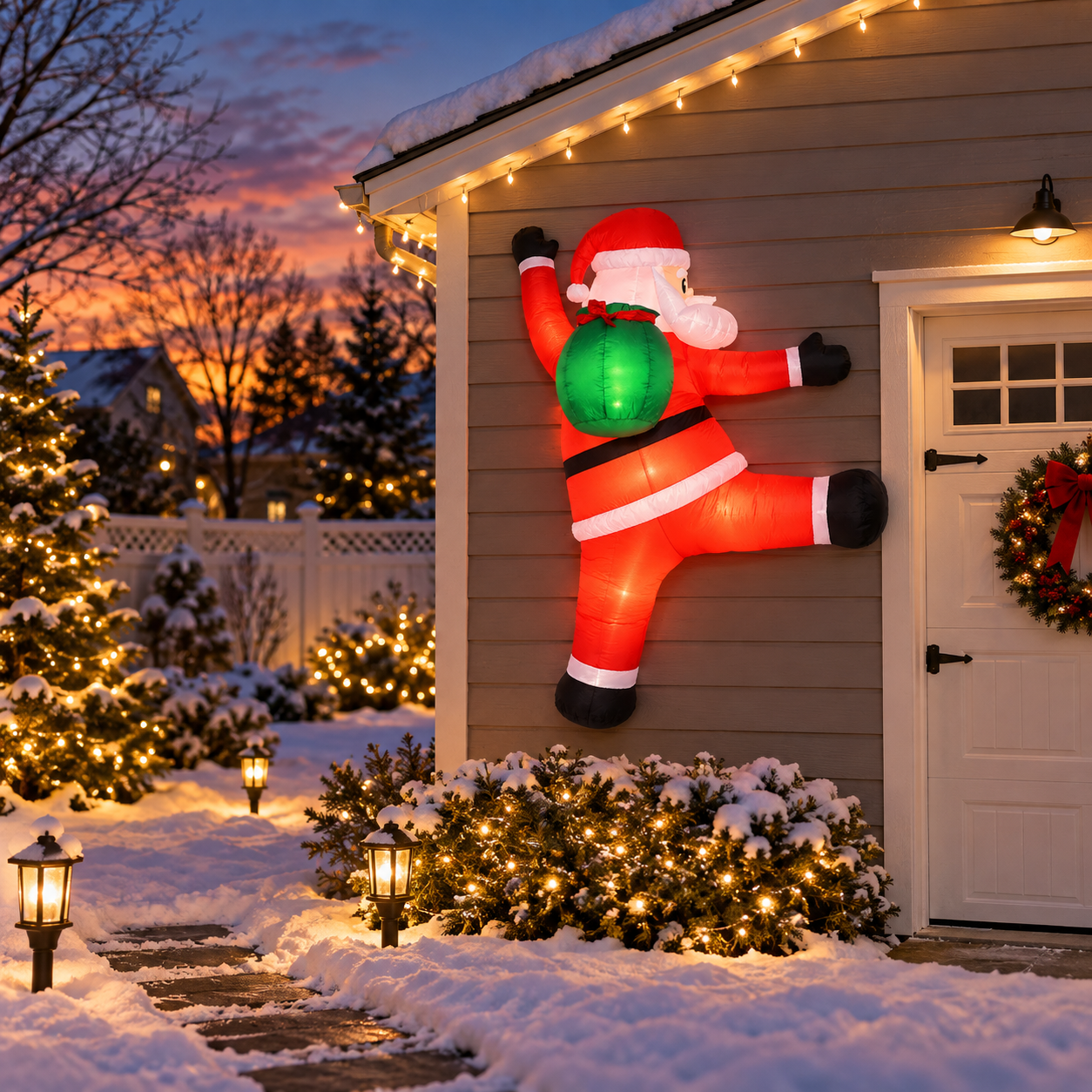Illuminated wall-climbing Santa in a Christmas yard display