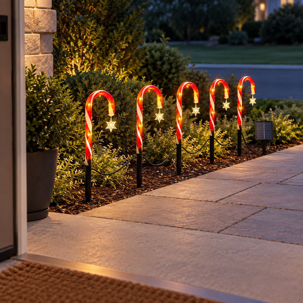 Five solar lights along a porch approach