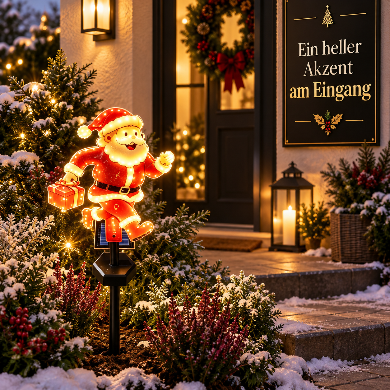 Weihnachtsleuchte im Blumenbeet am Eingang