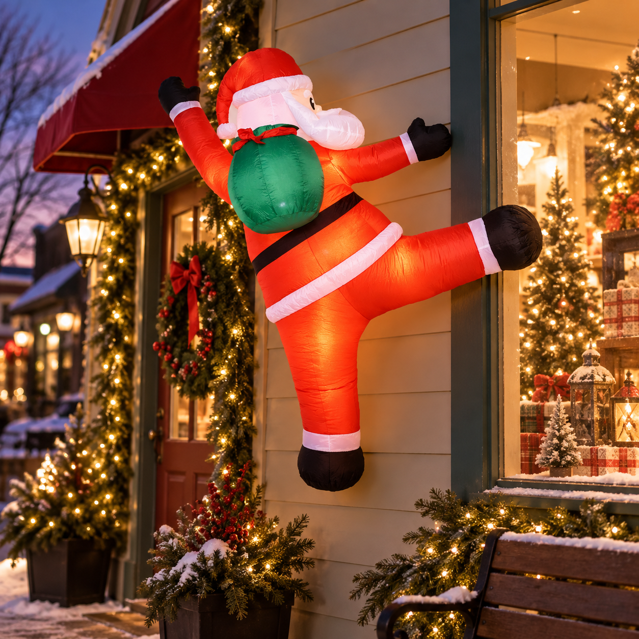 Wall-climbing Santa on a Christmas shop exterior