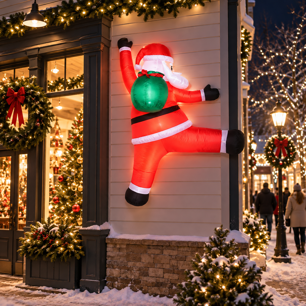 Wall-climbing Santa decorating a retail storefront for Christmas