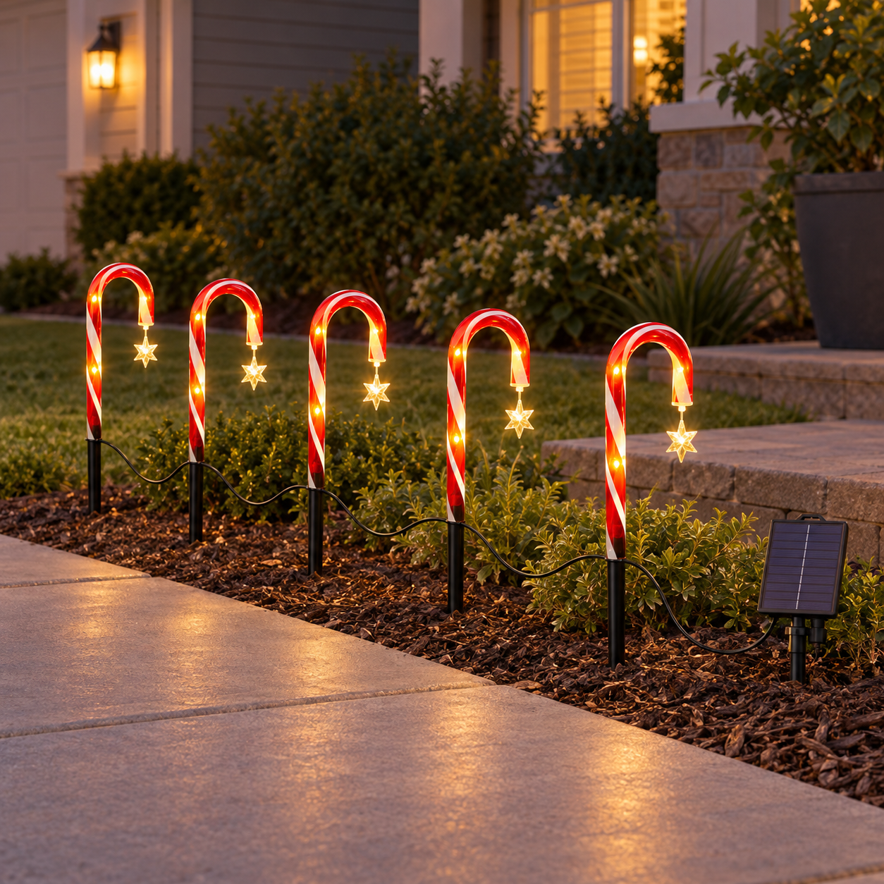 Five solar pathway lights beside a driveway and patio border