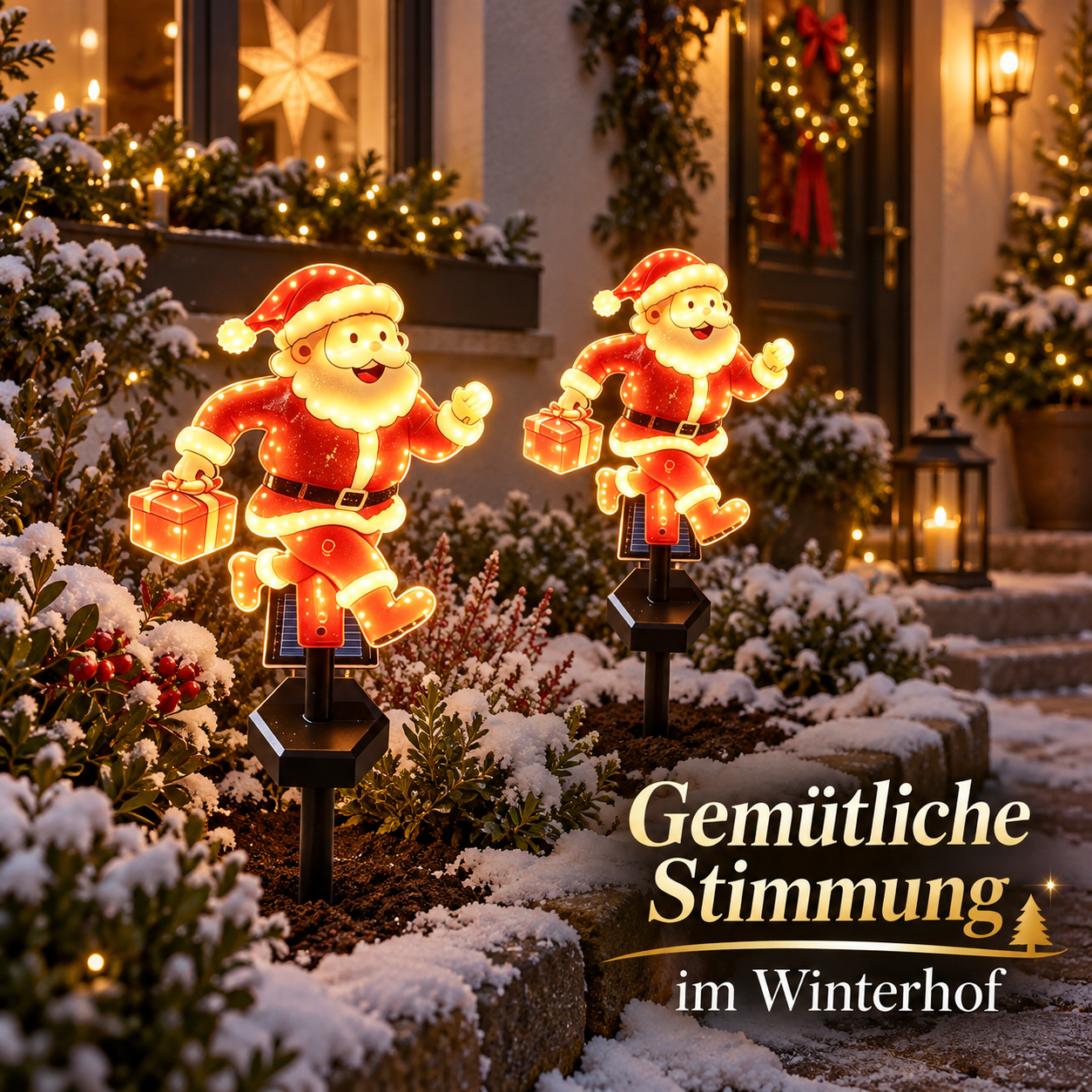 Zwei leuchtende Weihnachtsfiguren in einem winterlichen Hof