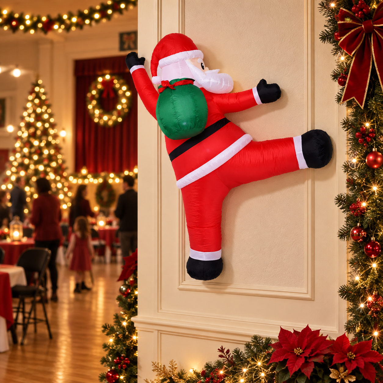 Wall-climbing Santa on an indoor Christmas event backdrop